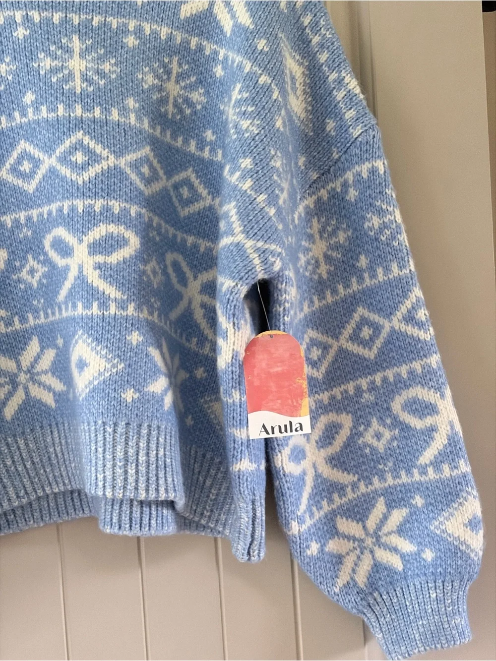 Arula NWT Blue White Bow Snowflake Fair Isle Sweater X / XL Xquisite - Picture 3 of 8